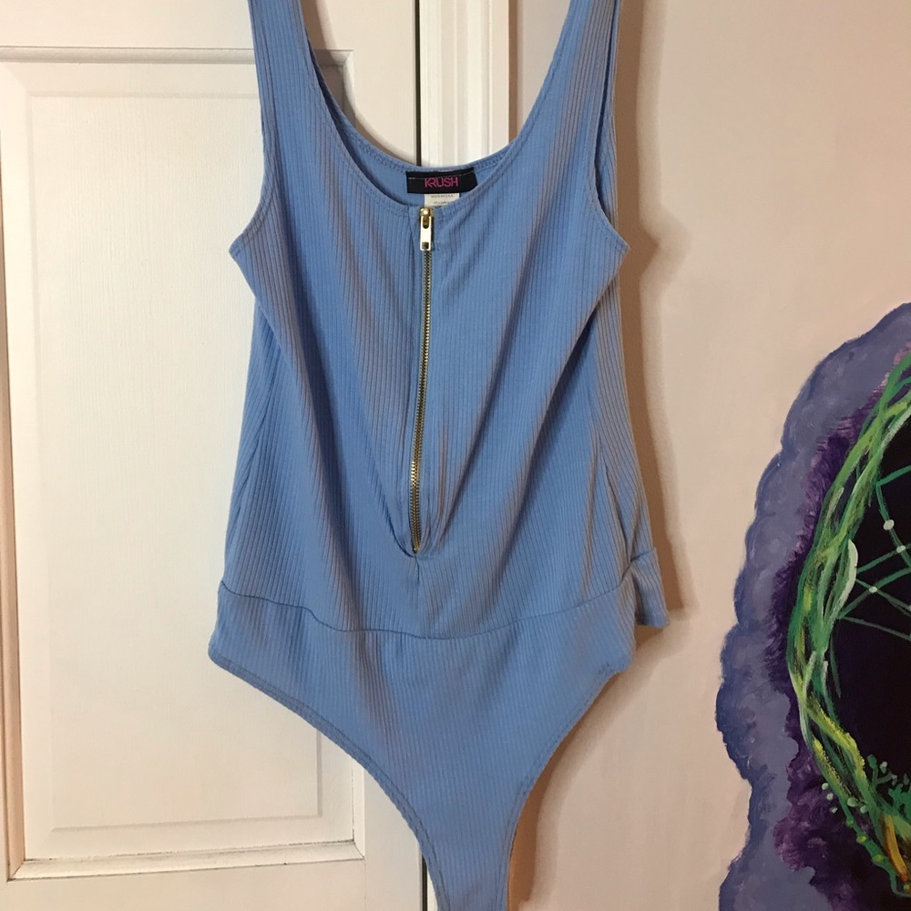 blue body suit with zipper  (clips at the bottom)